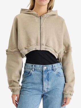 Joah Brown 100% Cotton Cropped Deconstructed Taupe Zip Hoodie M1